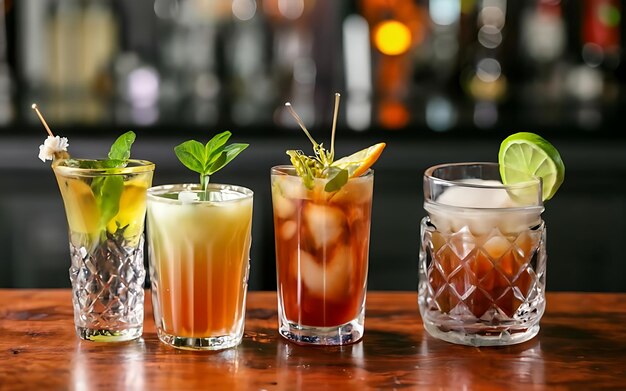 Glasses of different cocktails on bar background