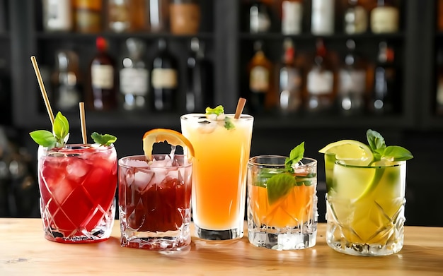 Glasses of different cocktails on bar background