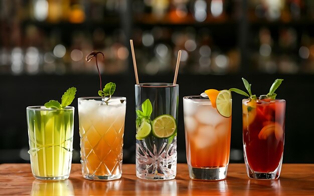 Glasses of different cocktails on bar background