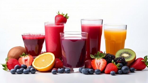 Photo glasses of different juice fruits and berries isolated