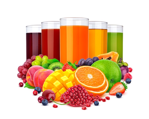 Glasses of different juice and pile of fruits and berries isolated on white background