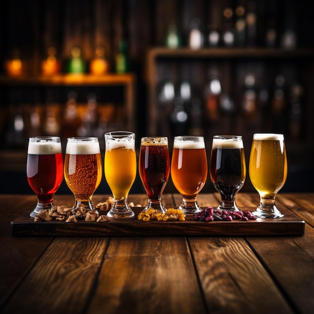 Glasses of different types of craft draught beer on wooden bar Draft beer in pint glasses in pub