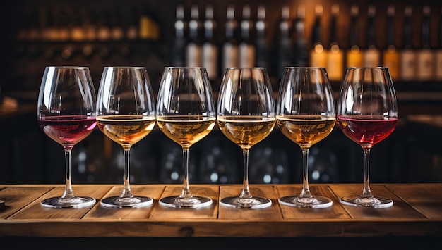 Glasses of different wines on a bar counter in a wine cellar