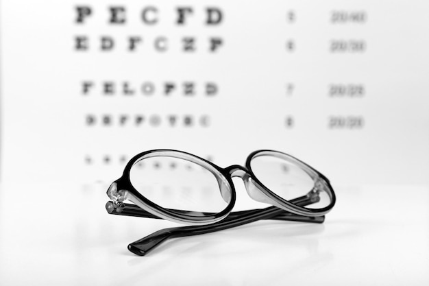 Glasses on eye chart background closeup