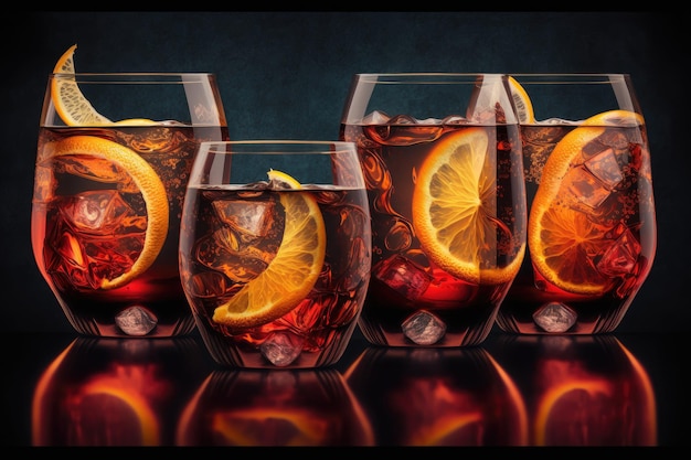 Glasses filled with beautiful fruit infused negroni cocktail