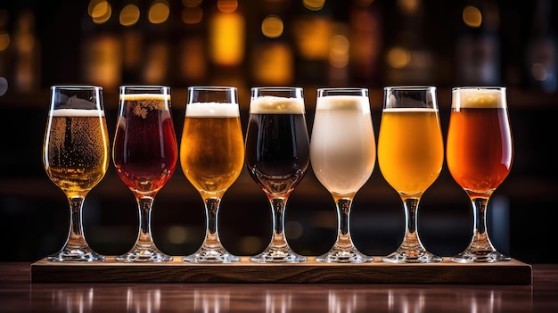 Glasses filled with craft beer resting on a wooden bar