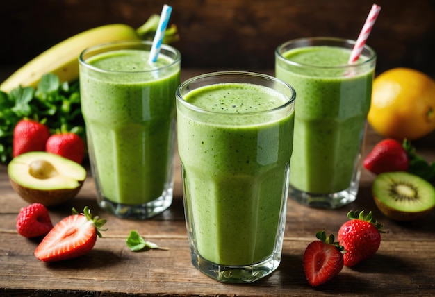 Glasses filled with healthy smoothies arranged on a wooden table