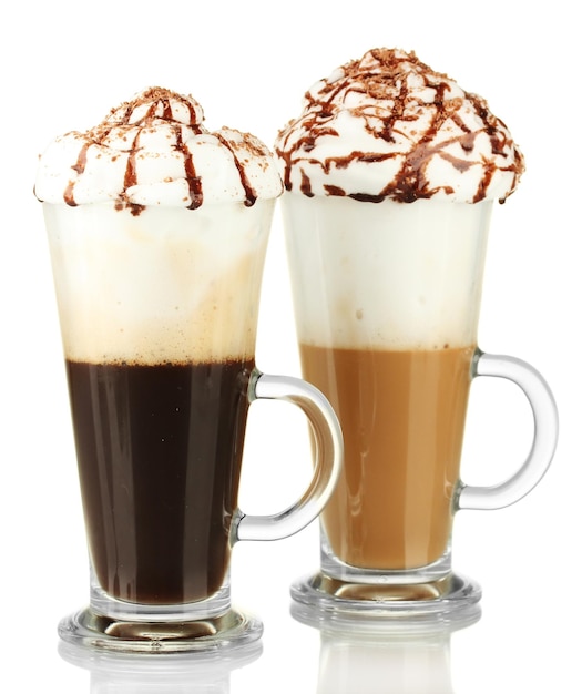 Glasses of fresh coffee cocktail isolated on white