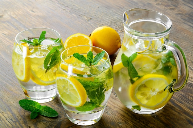 Glasses of fresh lemonade with mint leaves