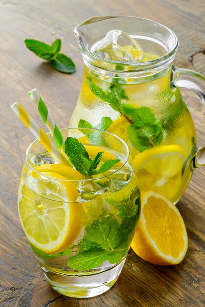 Glasses of fresh lemonade with mint leaves