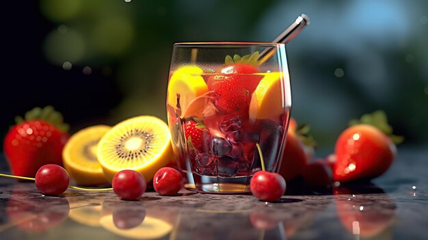 Foto bicchieri di cocktail di frutta con cubetti di ghiaccio e frutta su uno sfondo scuro ia generativa