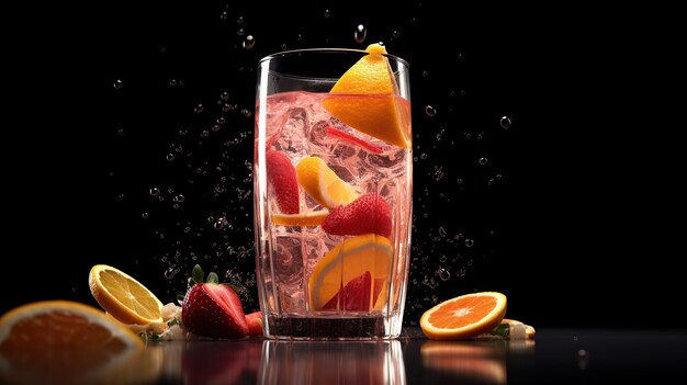 Foto bicchieri di cocktail di frutta con cubetti di ghiaccio e frutta su uno sfondo scuro ia generativa