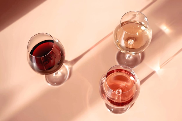 グラスサンシャインシャドウ効果のある赤、バラ、白ワインのグラス。ワインテイスティングのコンセプト。フラットレイ、上面図。