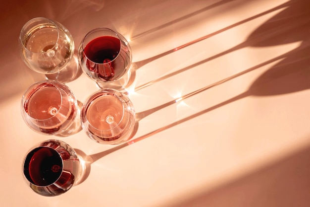 Glasses Glasses of red, rose and white wine with sunshine shadow effect. Concept of wine tasting. Flat lay, top view.