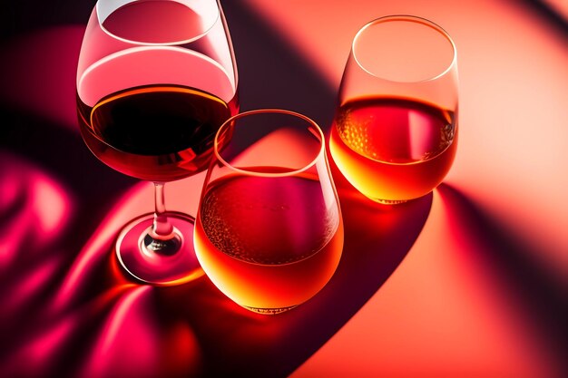 Glasses glasses of red rose and white wine with sunshine shadow effect concept of wine tasting