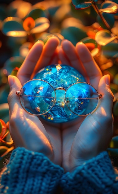 Photo glasses and globe in female hands