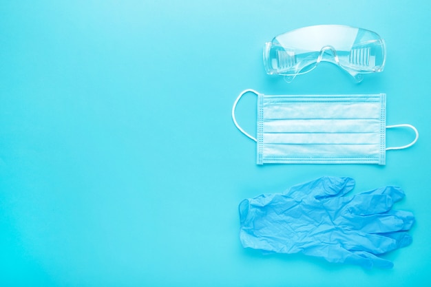 Glasses, gloves and medical disposable mask for protection against viruses