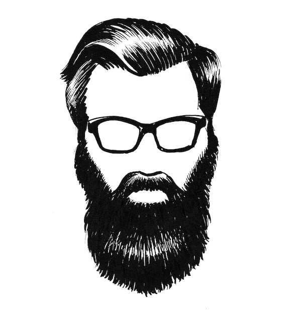 Photo glasses, haircut and beard. ink black and white drawing