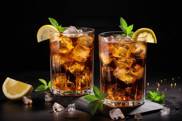 Glasses of iced tea arranged on a tray with slices of lemon and sprigs of mint