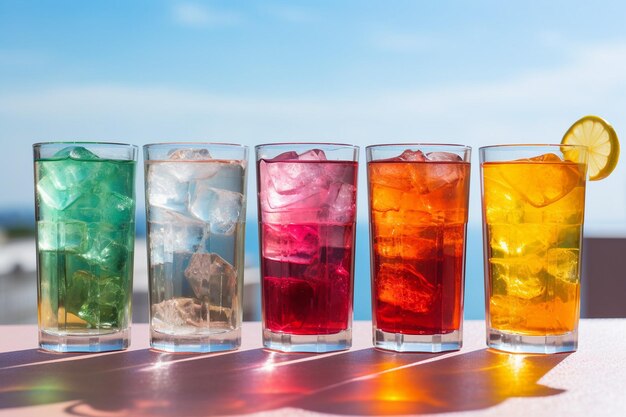 Photo glasses of iced tea arranged on a tray with slices of lemon and sprigs of mint