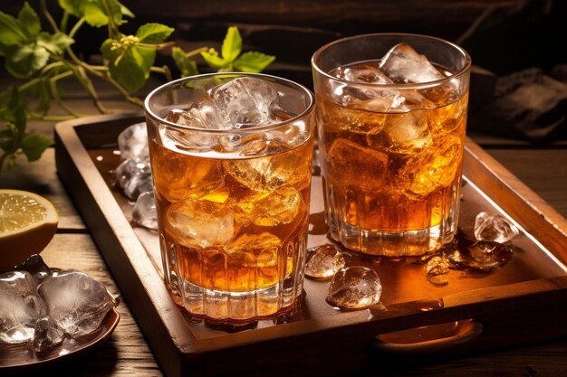 Glasses of iced tea placed on a rustic wooden tray with a scattering of tea leaves