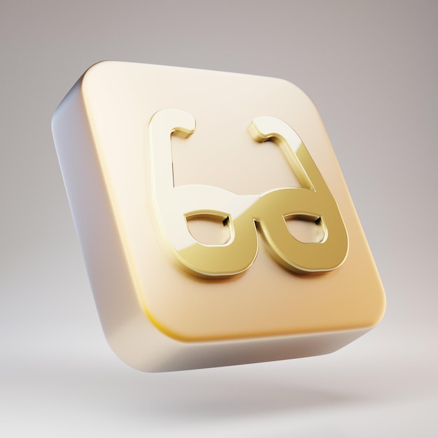 Glasses icon. Golden Glasses symbol on matte gold plate. 3D rendered Social Media Icon.