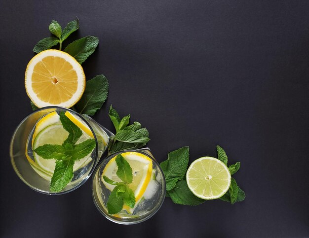 Glasses of lemonade with lemon and lime slices sprigs of mint on a dark background