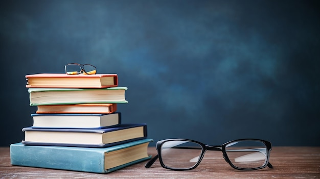 Foto glasses leraar boeken en een stand met potloden op de tafel op de achtergrond van een bord