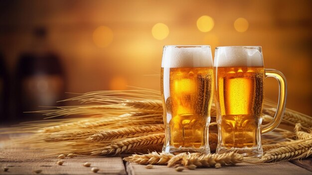 Photo glasses of light beer with wheat on the wooden table