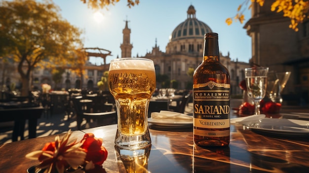 Photo glasses of light and dark beer on a pub background