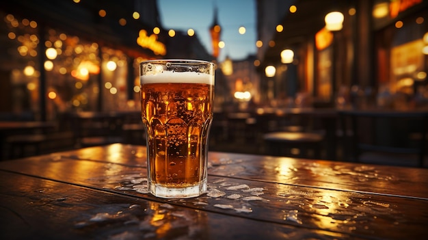 Glasses of light and dark beer on a pub background