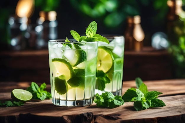 Glasses of lime juice with mint leaves on a wooden table.