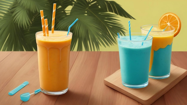 Glasses of mango smoothie and mango juice with black straws on a wooden