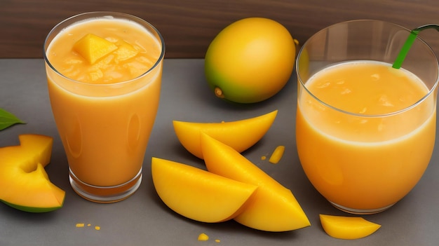 Glasses of mango smoothie and mango juice with black straws on a wooden