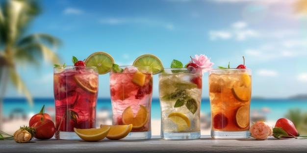 Glasses of Mixed Summer Cocktails on Tropical Beach background Generative Ai