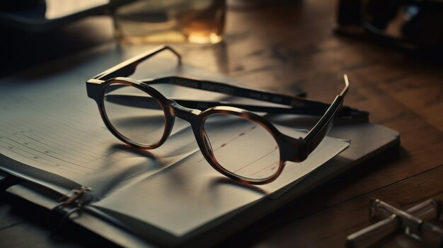 Glasses and notebook on the table in office closeupgenerative ai