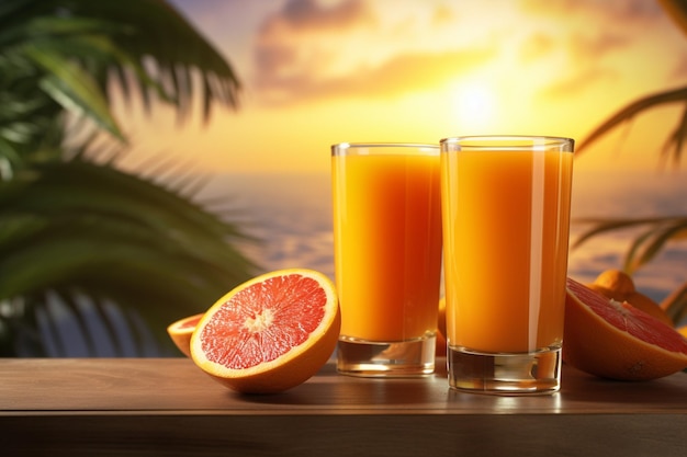 Фото Чашки апельсинового сока на тропическом фоне