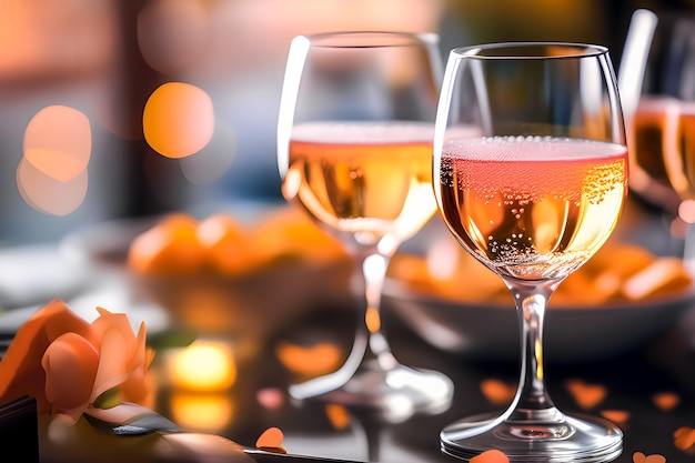 Фото Бокалы газированного вина на вечеринке по случаю дня святого валентина