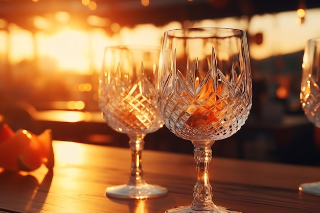 Фото Бокалы вина на столе в ресторане на закате