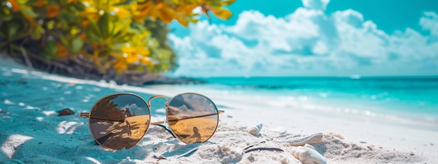 Photo glasses and plumeria flower on the sand against the background of the sea