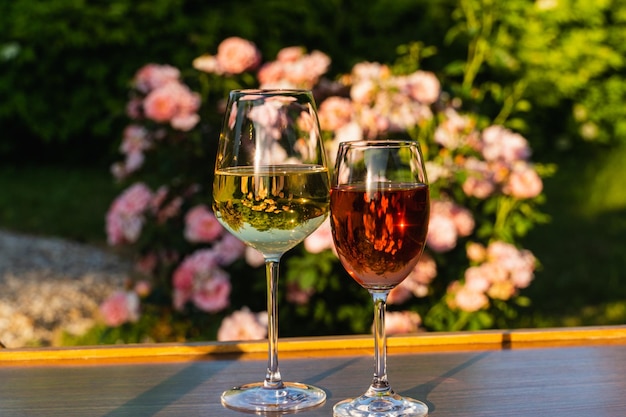 A glasses of red and white wine against outdoor garden background