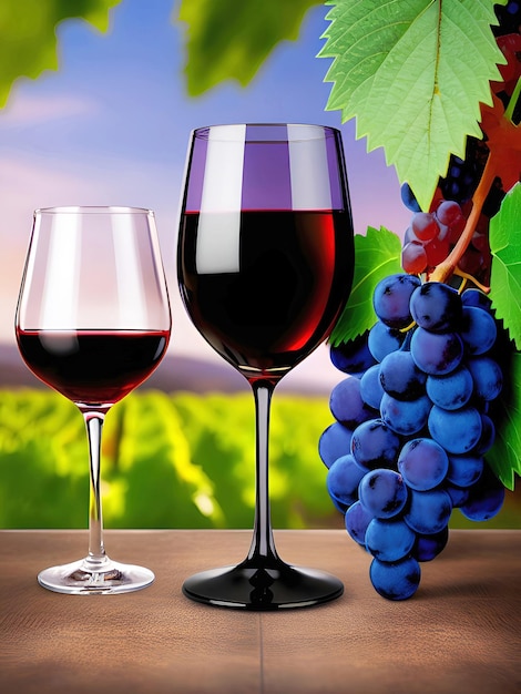 glasses of red and white wine with grapes on vineyard background