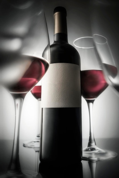 Glasses of red wine and a bottle of red wine with a white label Still life vertical photography mockup copyspace