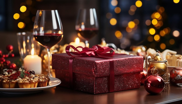 Glasses of red wine and gift box on table in room decorated for Christmas