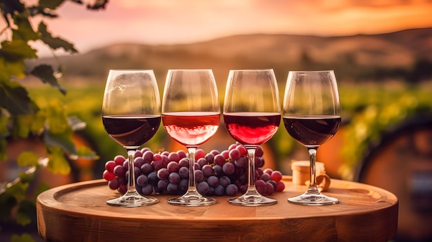 glasses of red wine and grapes on table with grape field