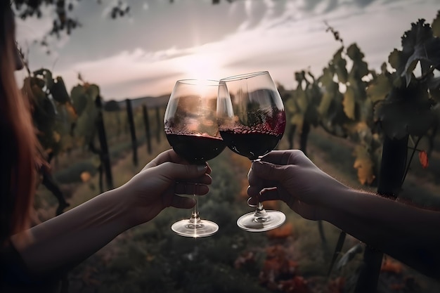 Glasses of red wine in human hands on the background of the vineyard Generative AI 1