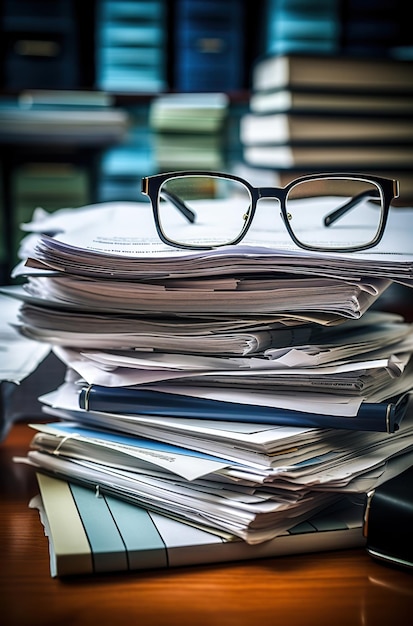 Glasses rest on a stack of papers and folders in focus The concept of work and document analysis