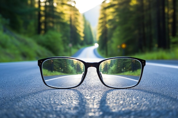 Glasses on the road in the forest Travel and adventure concept