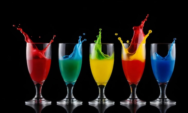Photo glasses in a row with red liquids splashing out against a black background
