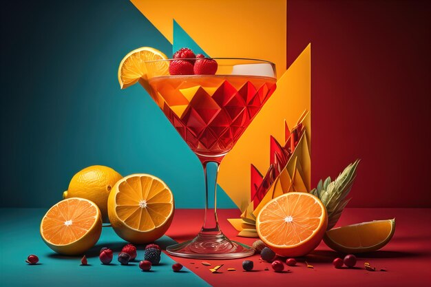 Photo glasses of sangria with fruits and berries on solid color background ai generative